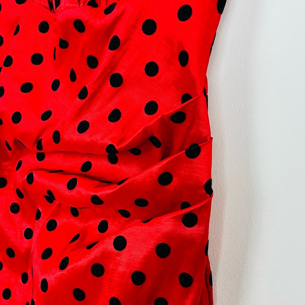 Voodoo Vixen red stretch satin black polka dot retro pin up wiggle midi dress. M - Picture 4 of 7